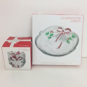 Celebrations Mikasa Christmas Crystal Dish Bells Votive Holder Holiday Lot of 2